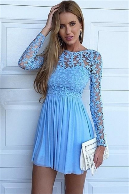 Blue A-Line Chiffon Short Homecoming Dresses Long Sleeve Lace Mini Summer Dress