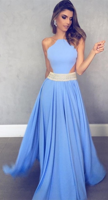 Sleeveless Sheer Back Sexy Formal Dresses   Blue Crystals Beads Belt Evening Gowns