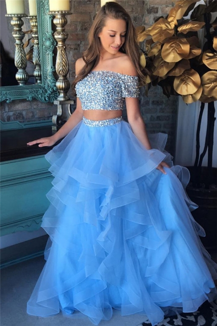 Off the Shoulder Crystals Beads  Two Piece Prom Dress Blue Organza Tiere Ruffles Evening Gown FB0227