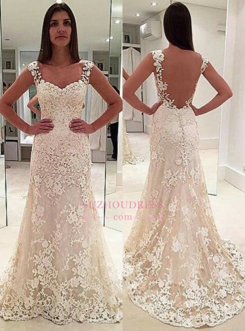 Elegant Sleeveless Backless Bride Dress  Straps Lace Champagne Wedding Dresses