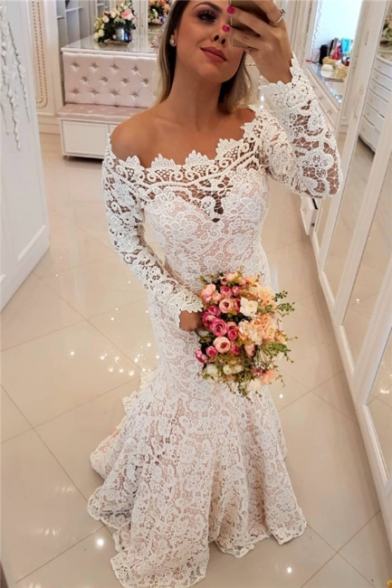 Off The Shoulder Lace Mermaid Wedding Dresses | Long Sleeve  Sexy  Bride Dress