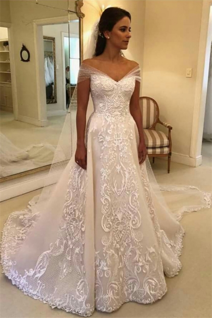 Glamorous Off Shoulder A line Wedding Dresses Appliques Court