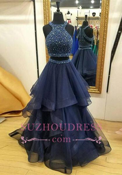 Crystals Ruffles Zipper Sleeveless Formal Dress  Jewel Modest Two Piece Prom Dress BA7248