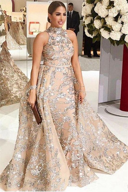 Gorgeous High-Neck Silver Beading Lace Prom Dress Appliques Sleeveless Champagne Formal Dresses Online