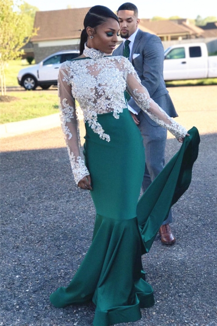 Halter Backless Long Sleeve Prom Dress Lace Appliques Mermaid Dark Green Evening Gown