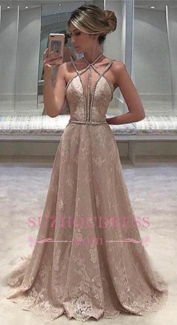 Lace Sexy Straps Beaded Prom Dress  Open Back Sleeveless Long Evening Dress