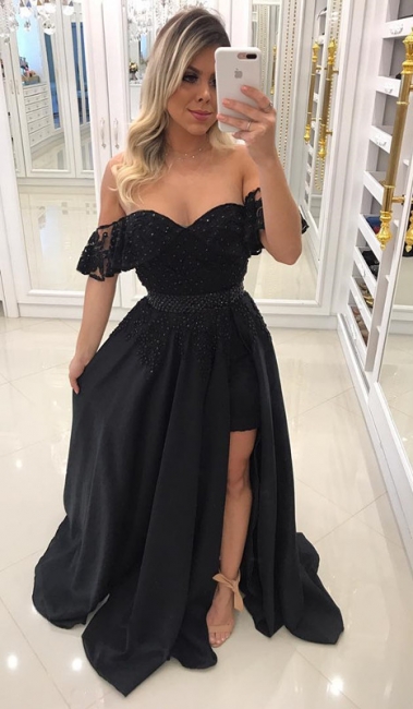 Newest Sheath Black Off-the-Shoulder Crystal Prom Dresses with Detachable Skirt BA7540