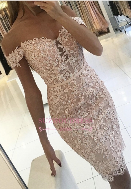 Sexy Off-the-Shoulder Short Formal Dress Lace Sheath Buttons Homecoming Dress BA6358