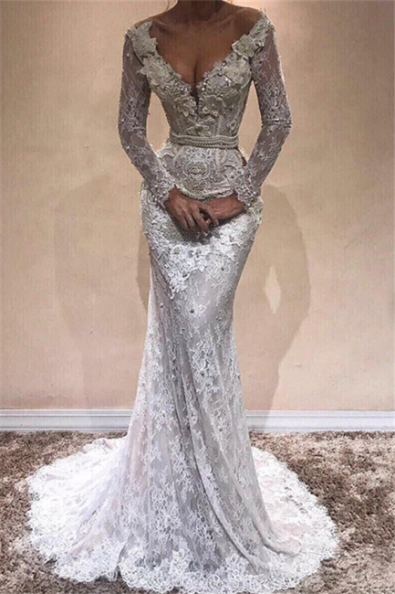 Glamorous Mermaid Long Sleeves Wedding Dresses  | Lace V-Neck Crystal Evening Dress