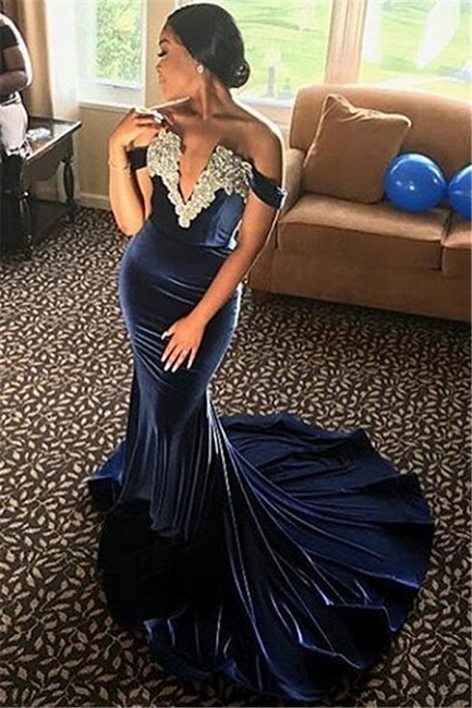 Off The Shoulder Velvet Prom Dresses | Mermaid Beads Appliques Evening Dress