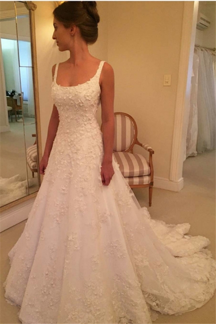 Elegant Straps A-line Wedding Dresses  | Lace Appliques Open Back Bridal Gowns with Buttons