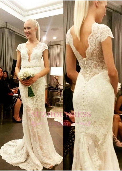 Designer Floor Length Glamorous Lace Bridal Dresses  Button Cap Sleeve Wedding Dress