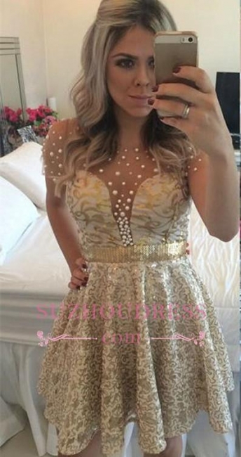 Beadings A-line Short Gold Lace Short Sleeves  Homecoming Dress BA9856