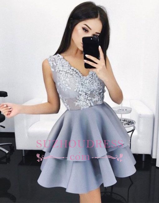 A-line Layers V-Neck Sleeveless Lace Elegant  Short Homecoming Dresses BA6590