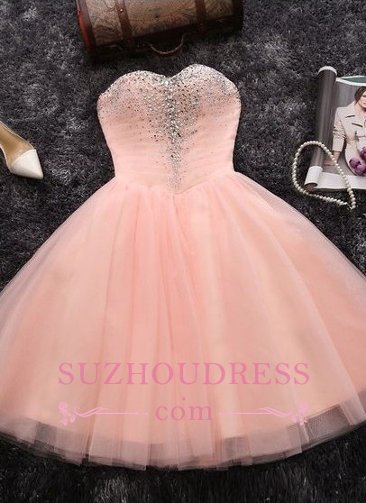 Elegant Crystals Sweetheart-Neck Pink A-line Short Homecoming Dresses BA6909