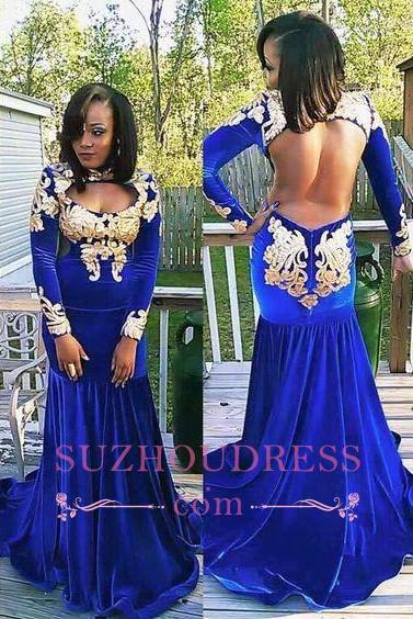 Royal Blue Evening Dress Appliques Gorgeous Long Sleeve Zipper Mermaid  Velvet Prom Dress