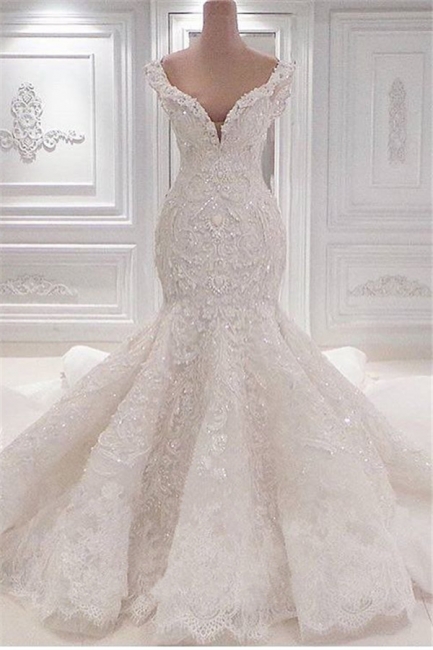 Glamorous V-Neck Lace Wedding Dresses Mermaid Vintage Bridal Gowns Online