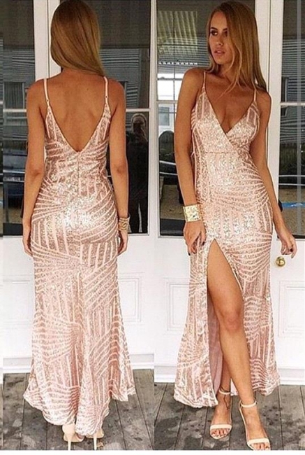 Spaghetti Straps Sexy V-neck Evening Dress Sequins Open Back Prom Dress with Split BA3044