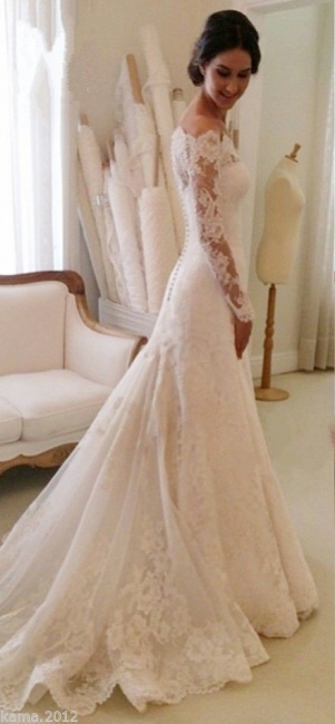 White Off-the-shoulder Lace Long Sleeve Bridal Gowns Sheath  Simple Custom Made Wedding Dresses