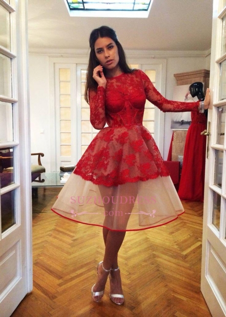 Red Long Sleeve Popular  Appliques Charming Lace Sheer Homecoming Dresses BA7239