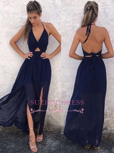 Backless Newest Side Slit Summer Beach Party Dress Dark Navy Halter A-Line Prom Dress BA6515