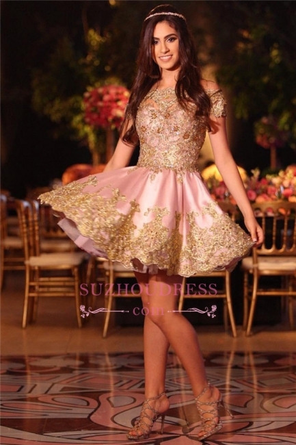 Pink Appliques Short  Online Lace Gold Off-The-Shoulder Lovely Homecoming Dress