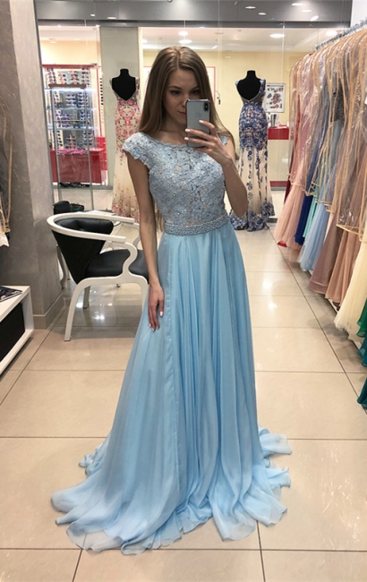 Elegant Blue Chiffon Evening Dress  | Lace Cap-Sleeve Long Formal Dress