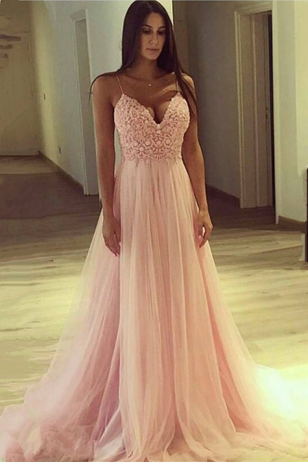 Spaghetti Straps V-neck Pink Prom Dress   Lace Tulle Sleeveless Sexy Evening Gown