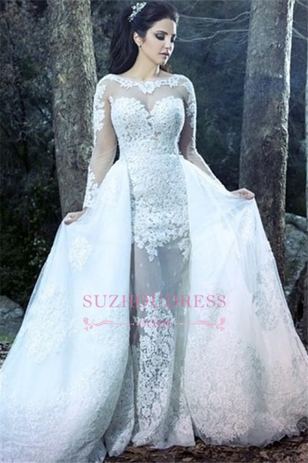 Amazing Sheath Long Sleeve Wedding Gowns  Lace Sheer Tulle Overskirt Wedding Dresses