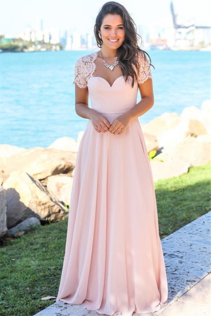 Sexy Open Back Pink Bridesmaid Dresses  | Chiffon Short Lace Sleeves Formal Evening Dresses