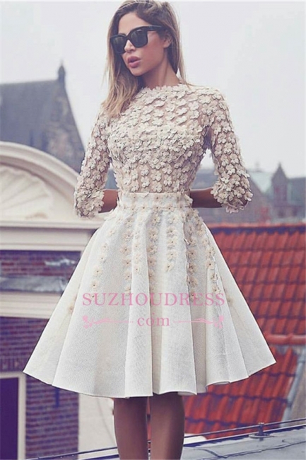 Glamorous Lace Short Homecoming Dress  3D-Flowers A-Line 3/4 Sleeves Hoco Dresses BA6905