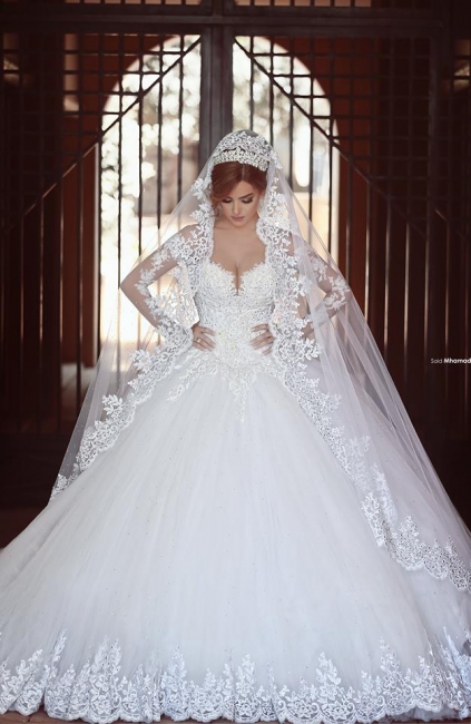 Elegant White Lace Ball Gown Wedding Dress Popular Sweep Train Long Sleeve Bridal Gown MH026