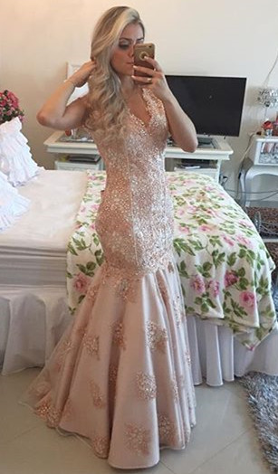 Sexy V-Neck Mermaid Crystal Long Formal Occasion Dress Lace Beadings Trumpet Evening Dress