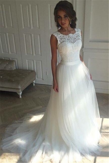 Sash Open Back Sleeveless  Bride Dress A-line Simple Lace Summer Beach Wedding Dresses