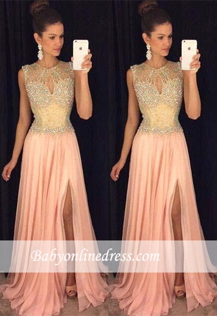 A-line Front-Split Gorgeous Sleeveless Beads Chiffon Prom Dress