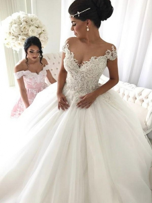 Affordable Off-the-Shoulder V-Neck Wedding Dresses Princess Ball Gown Sleeveless Bridal Gowns Online