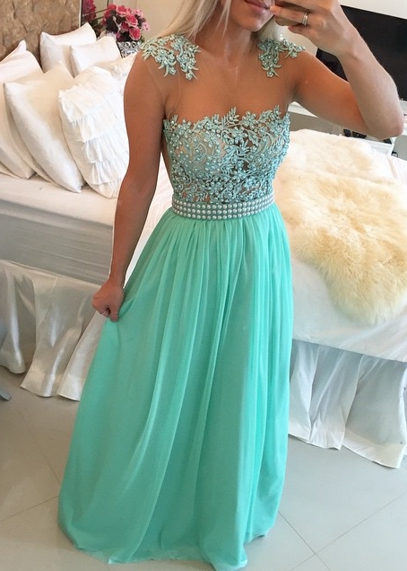 New Arrival Lace Chiffon Prom Dresses  with Beadings Sheer Neck Capped Sleeves Long Evening Gowns BMT010