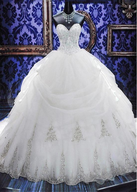 Elegant White Sweetheart Crystal Ball Gown Wedding Dress Court Train Bowknot Bridal Gowns with Beadings