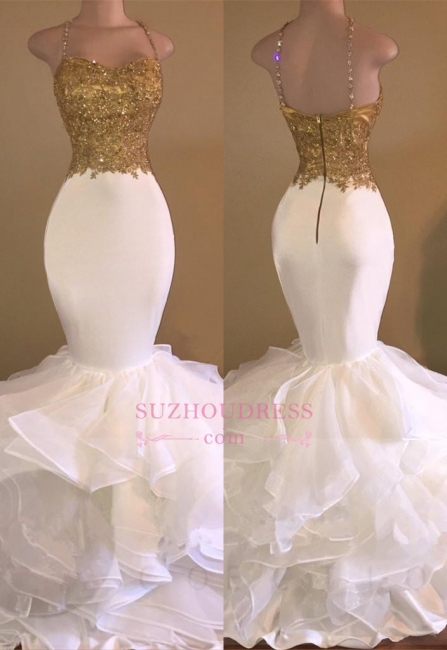 Ruffles Lace Appliques Sleeveless Evening Dress Spaghetti Strap Gold Beading Sexy Mermaid Prom Dress