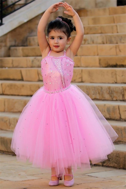 Pretty Pink Crystal Flower Girl Dresses |  Open Back Pageant Dress with Detachbale Skirt