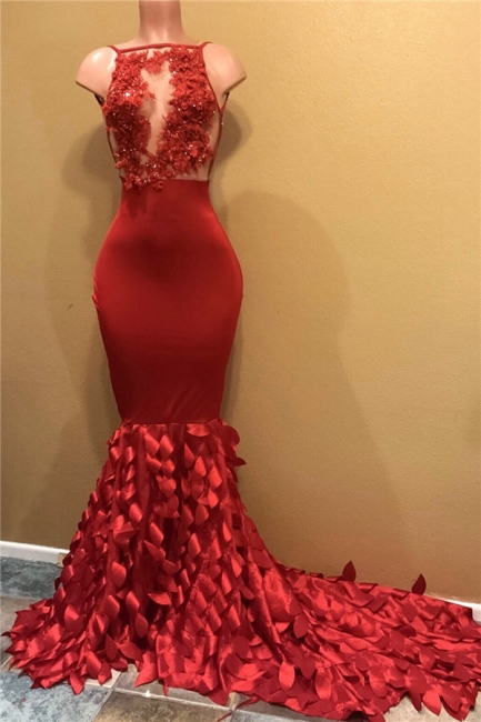 Beaded Lace Appliques Red Prom Dresses  | Mermaid Sleeveless Sexy Evening Gown BA8312