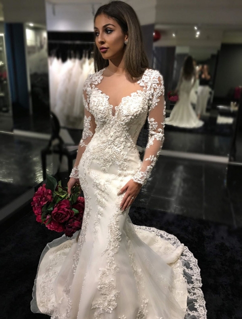 Stylish Mermaid Sheer-Back Tulle Appliques Bridal Dresses Long-Sleeves Mermaid | Bridal Gowns On Sale