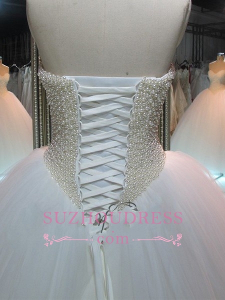 Tulle Glamorous Sweetheart Princess Bride Dress Pearls Ball Gown Wedding Dress