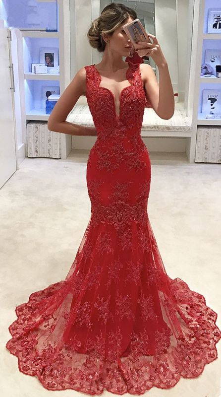 Sleeveless V-neck Mermaid Lace Evening Dress Red  Sexy Prom Dresses  Online