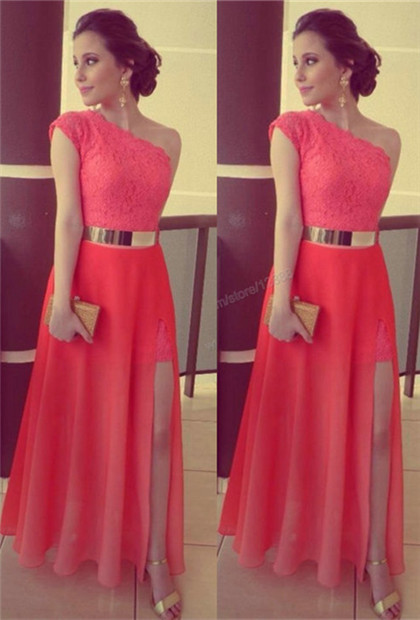 One Shoulder  Prom Dress Cap Sleeve Chiffon and Lace Special Occasion Dress