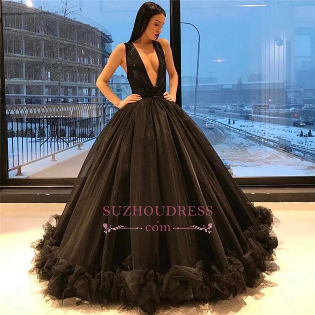 Sexy Tulle Puffy Prom Dress  Deep V-Neck Sequins Sparkling Ruffles Black Sleeveless Evening Gown