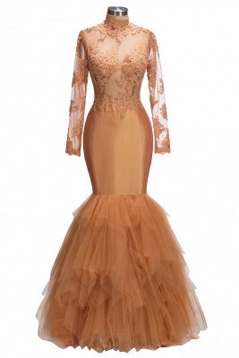 Dust Orange Long Sleeve Mermaid Prom Dress |  Beads Appliques Evening Gown FB0305_1