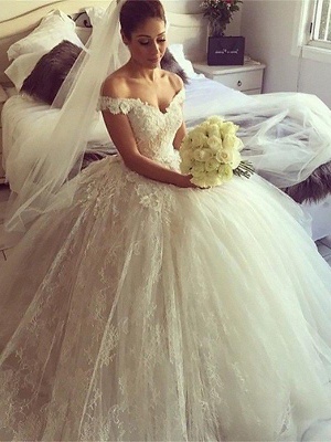 Gorgeous Ball Gown Off-the-Shoulder Lace Wedding Dresses Sweetheart Appliques Bridal Gowns with Court Train_3