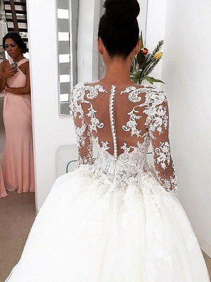 Alluring Scoop Lace Court Train Ivory Wedding Dresses Long Sleeves Appliques Bridal Gowns On Sale_4