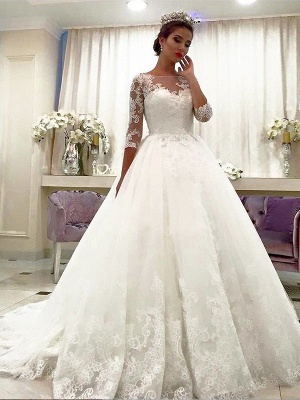 Glamorous Ball Gown Bateau Lace Tulle White Wedding Dresses 3/4 Sleeves Court Train Appliques Bridal Gowns Online_1